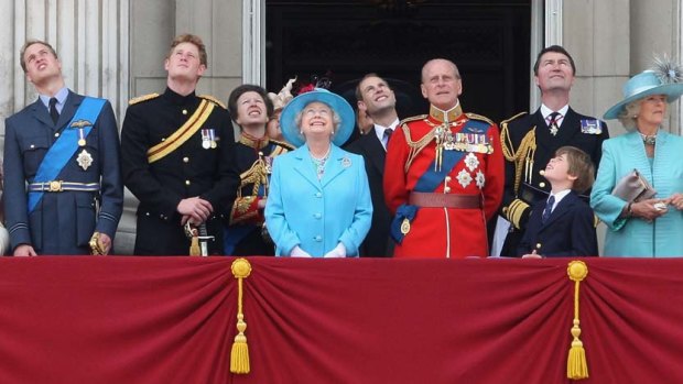 Eyes front ... the Duke of Edinburgh, centre, who turns 90 next week, with the Queen and the royal family at Buckingham Palace.