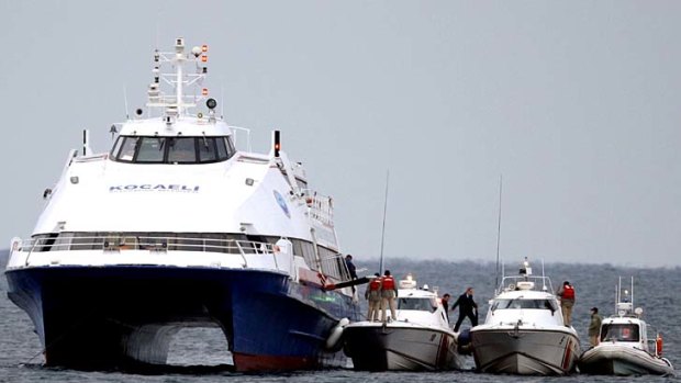 Passengers disembark from the hijacked ferry in Marmara sea off the northwestern Turkish town of Silivri, near Istanbul.