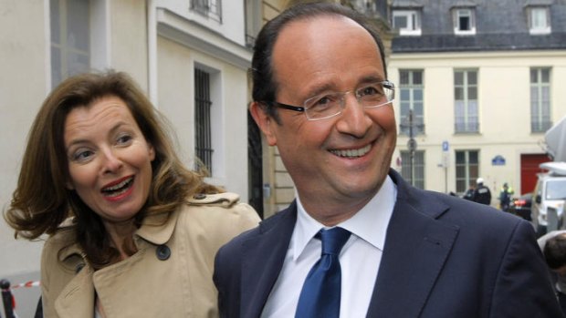 French Socialist Party candidate for the upcoming presidential election Francois Hollande and his companion French journalist Valerie Trierweiler.