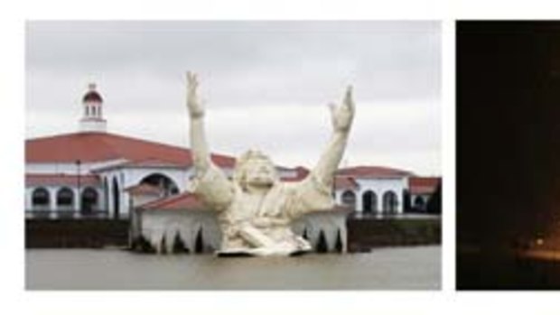 Why have you forsaken me?... the Jesus Christ statue at the Solid Rock Church in Monroe, Ohio, before, during and after lightning struck it on Monday.