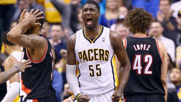 Indiana centre Roy Hibbert celebrates during overtime in the 118-113 win over Portland last week.