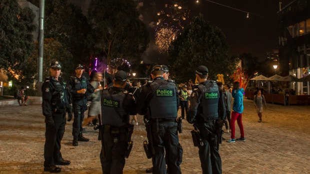 There were almost as many police as festival-goers at Federation Square at this year's Moomba festival.