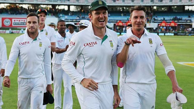 Graeme Smith and Dale Steyn of South Africa celebrate after winning the Second Test.