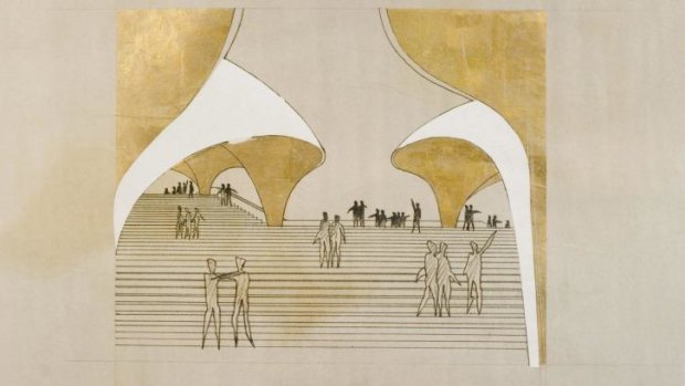 Utzon vision: Pencil and gold leaf sketch of Sydney Opera House. 