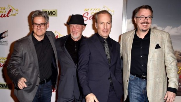 In it together: Show creator Peter Gould, actors Jonathan Banks, Bob Odenkirk and show creator Vince Gilligan  at a Better Call Saul premiere.
