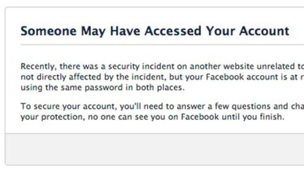 A screen shot of the prompt Facebook is serving to users whose login information was found in the stolen Adobe data.
