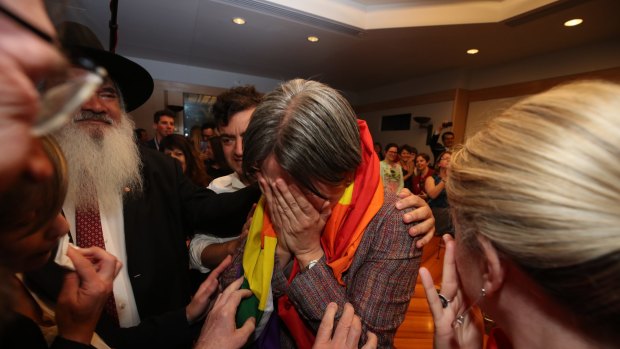 Senator Penny Wong after the result in the same sex marriage survey at Parliament House in Canberra on Wednesday 15 November 2017. Fedpol. Sexpol. Photo: Andrew Meares