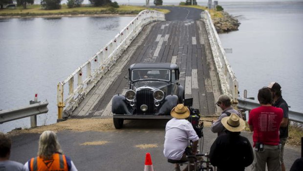 Scenes at filming of Angelina Jolie's film, Unbroken, on the Wallaga Lake Bridge near Bermagui.