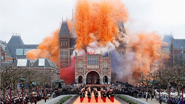 The fireworks and smoke bombs go off to celebrated the reopening of the Rijksmuseum in Amsterdam, Netherlands.