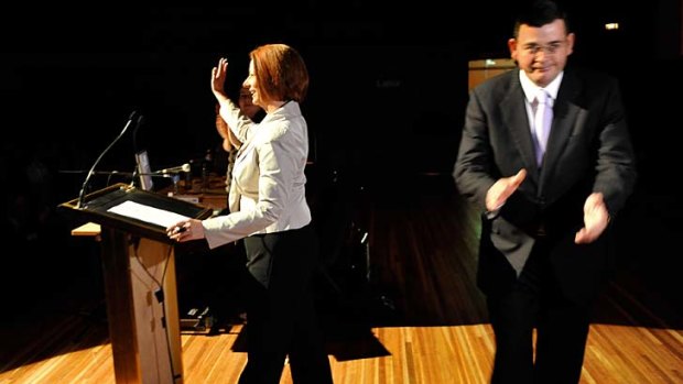 Julia Gillard the party faithful after being introduced by state Labor leader Daniel Andrews.