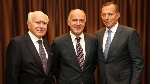 Senator Eric Abetz with former prime minister John Howard and PM Tony Abbott.