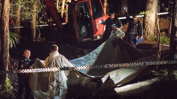 NSW police and forensic services cover the suspected remains of Matthew Leveson in the Royal National Park at Waterfall in May.