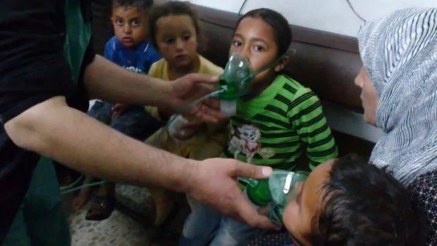 Footage from the pro-rebel Shaam News Network dated April 16 shows children receiving oxygen in Kfar Zeita, in Syria's Idlib province, after an alleged chlorine gas attack. Britain's Daily Telegraph says its testing points to the use of chlorine in attacks in Kfar Zeita on April 11 and April 18.