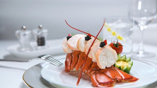 Fine dining in the sky: Lobster tail starter in Emirates business class.