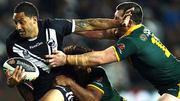 New Zealand captain Benji Marshall fends off his rivals during the Four Nations tournament.