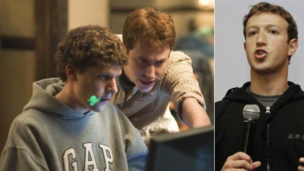 Jesse Eisenberg, left, and Joseph Mazzello are shown in a scene from <i>The Social Network</i>. Right: The real Mark Zuckerberg.