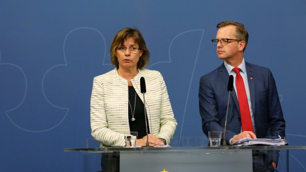 Sweden's Deputy Prime Minister, Isabella Lovin and Enterprise and Innovation Minister Mikael Damberg, right, at a 2016 press conference. 
