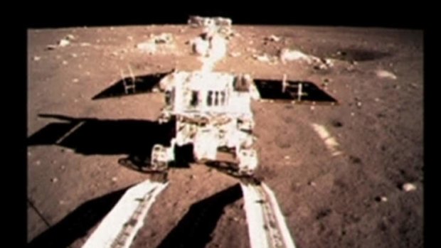China's first moon rover, Yutu, or Jade Rabbit, moves onto the lunar surface in December 15, 2013.