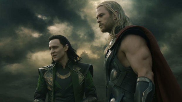 Loki (Tom Hiddleston, left) and Thor (Chris Hemsworth) in <i>Thor</i>.
