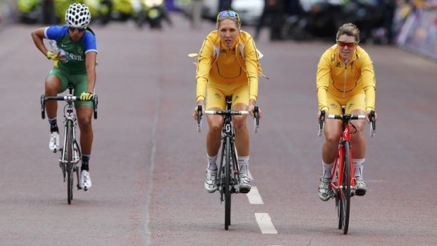 Brazil's Janildes Fernandes Silva, and Australia's Shara Gillow and Chloe Hosking before the women's cycling road race final at the London 2012 Olympic Games.