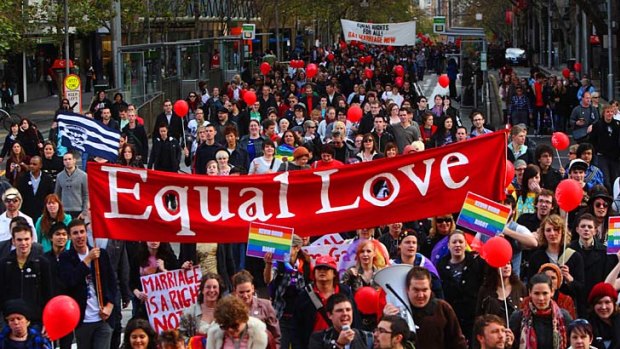 Protesters march in Melbourne for gay marriage rights.