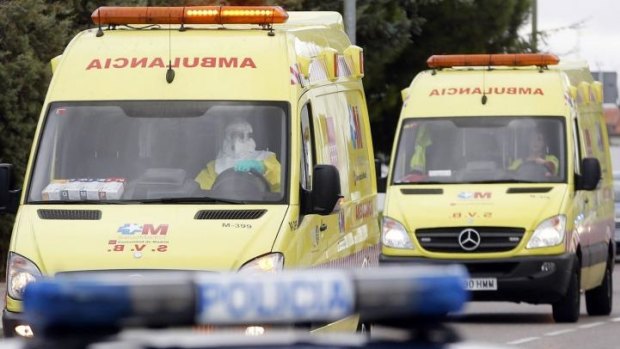 Two ambulances arrive at Madrid's Carlos III Hospital. The ambulance in the front was carrying an Air France passenger suspected of having Ebola.