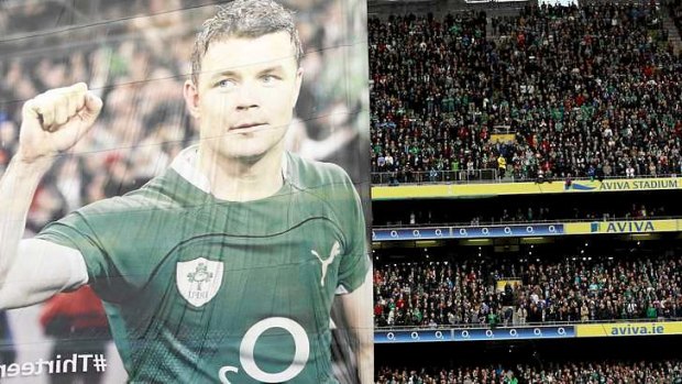 A banner bearing the image of Ireland's Brian O'Driscoll is unfurled in the Aviva stadium.