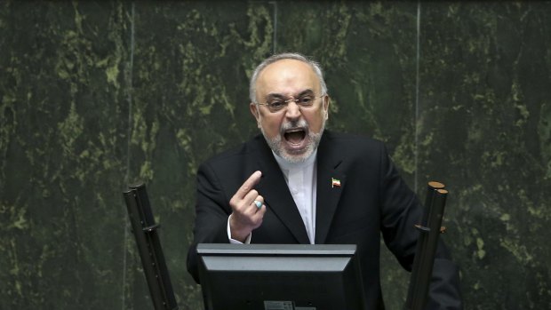 The head of Iran's Atomic Energy Organisation, Ali Akbar Salehi, speaks in an open session of parliament in Tehran during debate about Iran's nuclear deal.