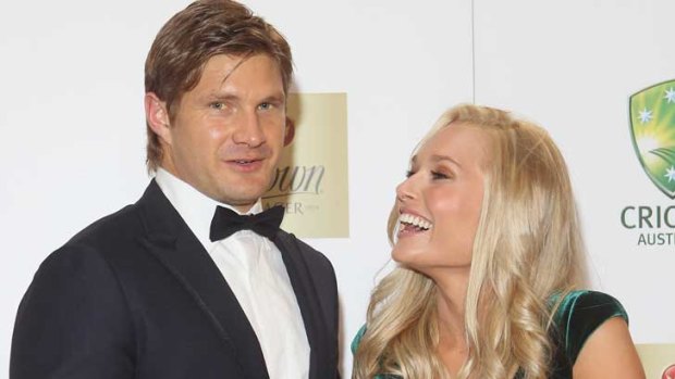 Last year's Allan Border Medal winner Shane Watson and wife Lee Furlong on the red carpet in Melboune.