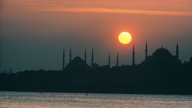 Sunset behind the Blue Mosque from the Bosphorus.