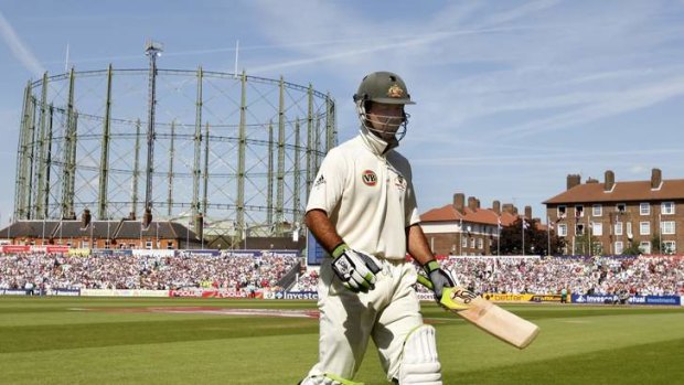 The gasometer at The Oval dwarfs Australia's Ricky Ponting in the fifth Test in London in 2009.