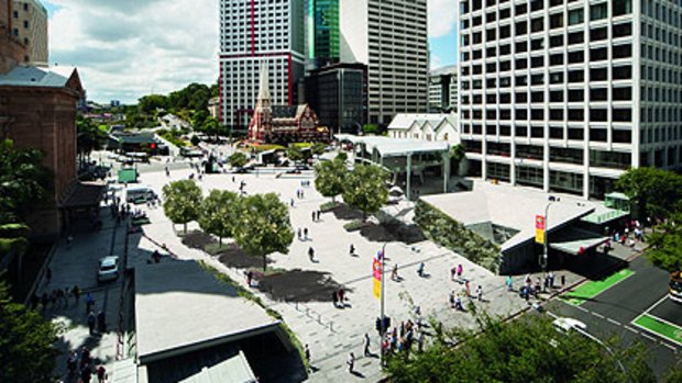 An artists' impression of King George Square after shady trees have been planted.