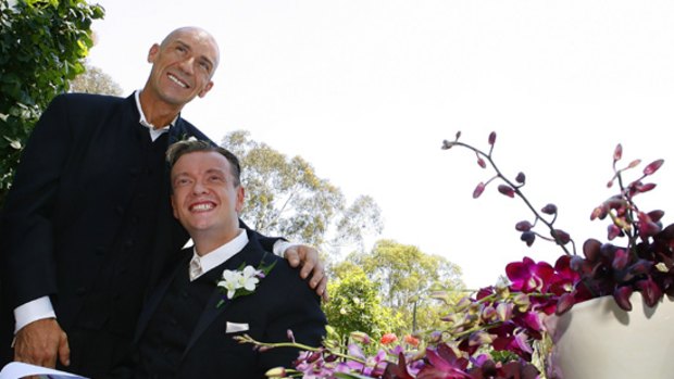 Warren McGawand Chris Rumble during their civil partnership ceremony in Canberra.