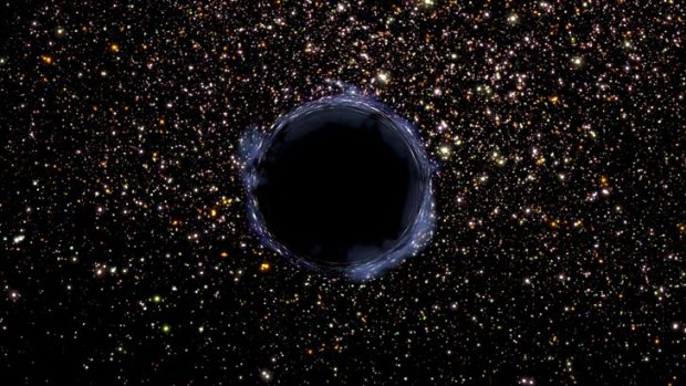 An artist's impression of a black hole in a dense star field.