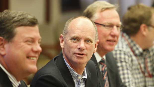 Premier-elect Campbell Newman with the first two members of his Cabinet, Treasurer Tim Nicholls (left) and Deputy Premier Jeff Seeney.