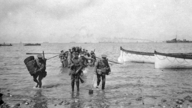 Deadly shore: Australian troops wade ashore at Anzac Cove.