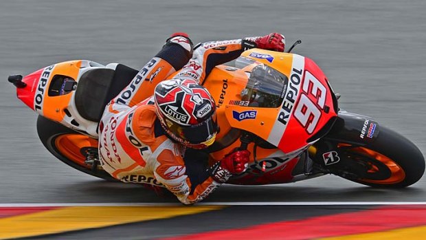 Honda driver Marc Marquez of Spain negotiates a corner during practice at the Sachsenring Circuit on Saturday.