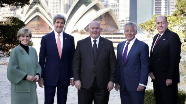 Joining forces against Iraq: From left, Julie Bishop, John Kerry, Peter Cosgrove,  Chuck Hagel  and  David Johnston.