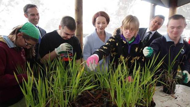 Prime Minister Julia Gillard meets with students during her visit to Black Mountain School.