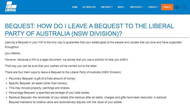 A screen grab from the NSW Liberal page explaining how people can leave a bequest to the party.