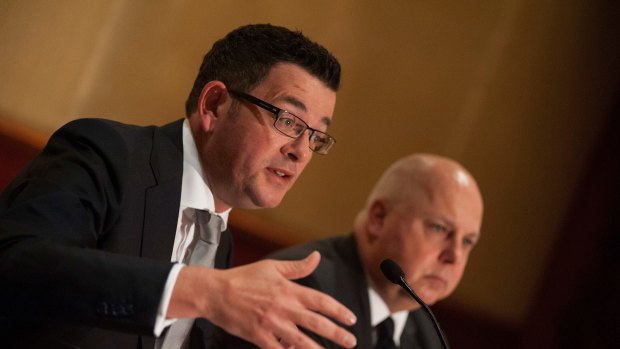Daniel Andrews, with Treasurer Tim Pallas, announces complete dumping of East West Link.