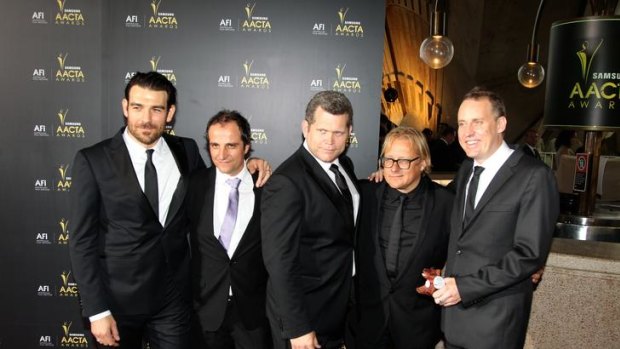 Stars and creators of <i>Red Dog</i>, which last night won best film at the AACTAs: from left, Rohan Nichol, Arthur Angel,  John Batchelor, Kriv Stenders and Nelson Woss.