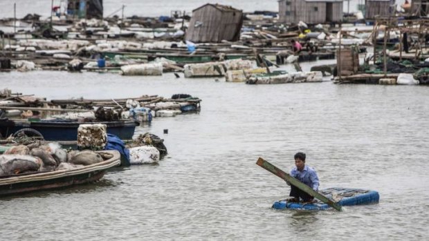 A fisherman paddles a makeshift boat to check his fish farms after Typhoon Rammasun hit Leizhou, Guangdong province July 19, 2014. A super typhoon has killed at least fourteen people in China since making landfall on Friday afternoon, state media said on Saturday, after hitting parts of the Philippines.
