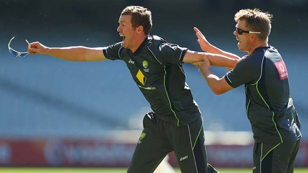 Stretched: Peter Siddle, at training on Sunday with David Warner, has come to terms with the rotation policy.