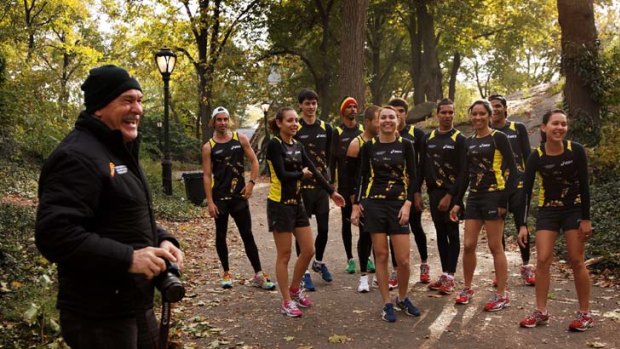 Running towards their future ... Robert de Castella with the Marathon Project team before training in Central Park, New York.