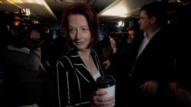 Julia Gillard on the campaign media bus to from Sydney to the Central Coast.