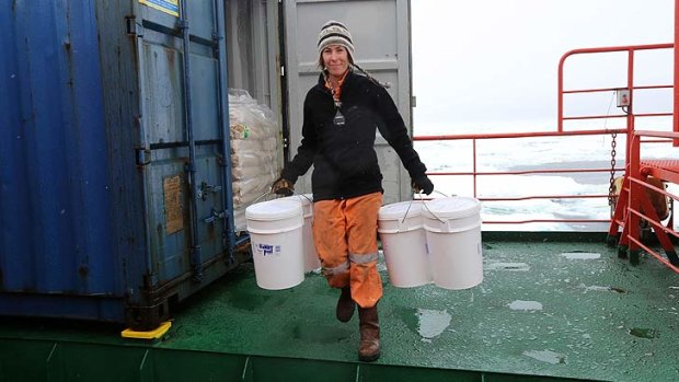 Aurora Australis crew member Rose Croasdale carries dry food rations, which will be transferred to the crew of the Akademik Shokalskiy, who will stay aboard the trapped ship in Antarctica after the passengers are evacuated.