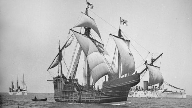 A replica of Christopher Columbus' ship the Santa Maria, pictured in about 1892.