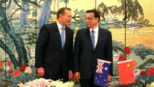 Prime Minister Tony Abbott and Chinese Premier Li Keqiang meet during Mr Abbott's visit to the country.
