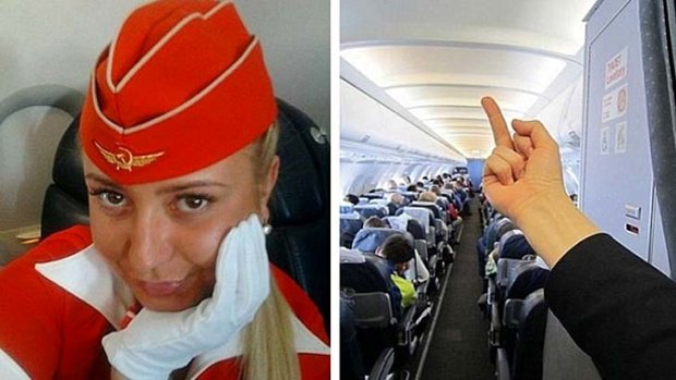 Air hostess Tatiana Kozlenko and the offending image that caused her to be fired and then rehired by Russian airline Aeroflot.